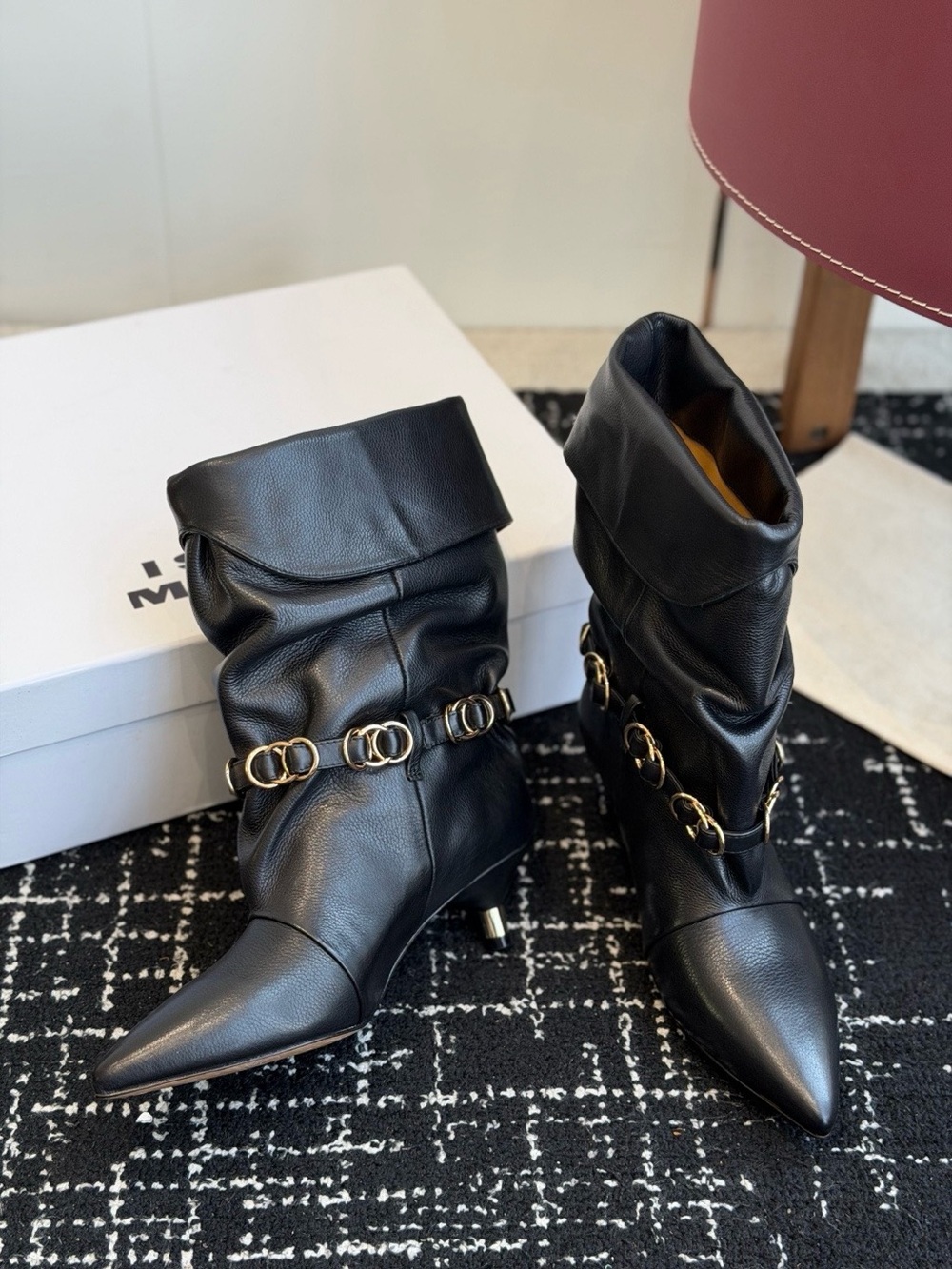 Isabel Marant Black Pointed-Toe Slouchy Mid-Calf Boots with Gold Rings